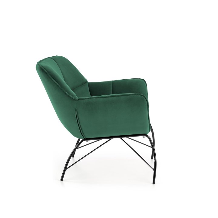 Fotel do salonu, nowoczesny, ciemny zielony, na czarnych metalowych nogach, tkanina velvet
