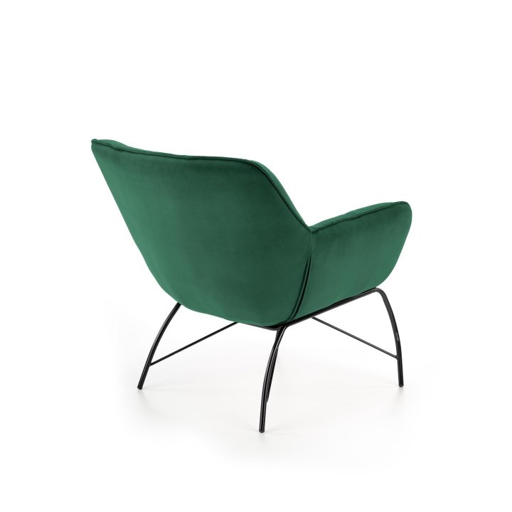 Fotel do salonu, nowoczesny, ciemny zielony, na czarnych metalowych nogach, tkanina velvet