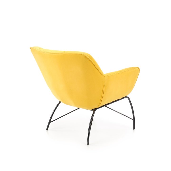 Fotel do salonu, nowoczesny, żółty, na czarnych metalowych nogach, tkanina velvet