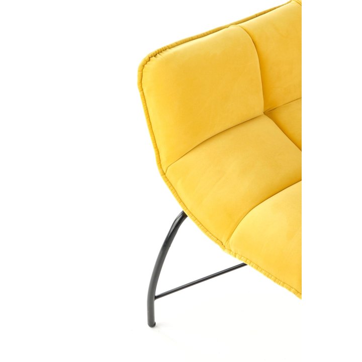 Fotel do salonu, nowoczesny, żółty, na czarnych metalowych nogach, tkanina velvet