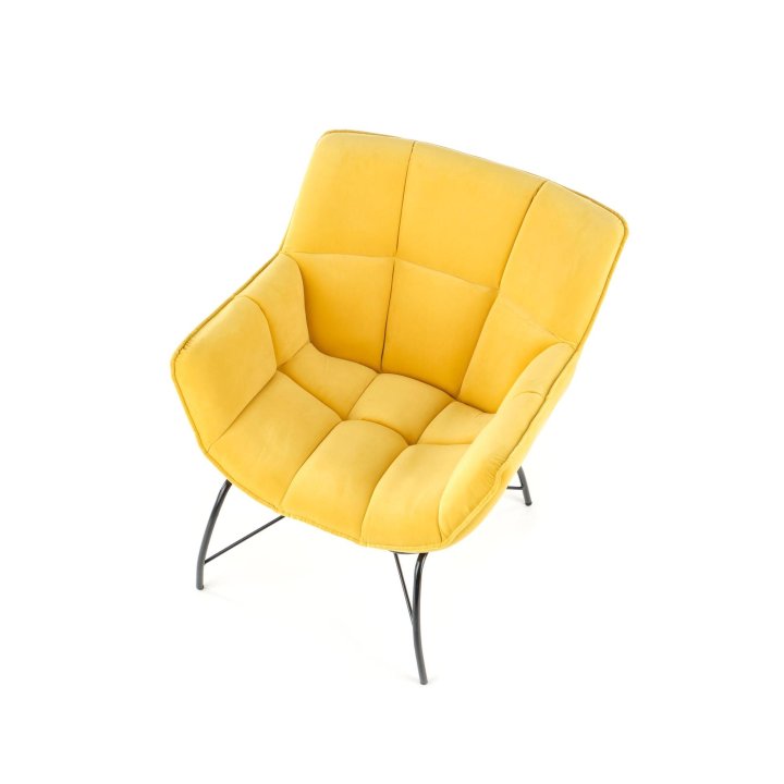 Fotel do salonu, nowoczesny, żółty, na czarnych metalowych nogach, tkanina velvet