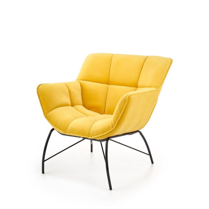 Fotel do salonu, nowoczesny, żółty, na czarnych metalowych nogach, tkanina velvet