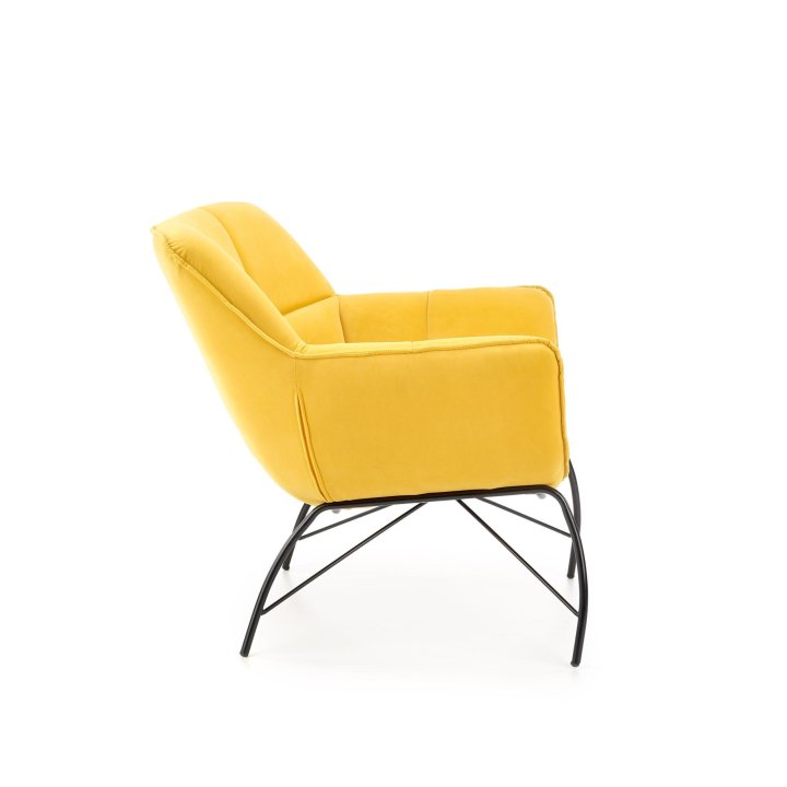 Fotel do salonu, nowoczesny, żółty, na czarnych metalowych nogach, tkanina velvet