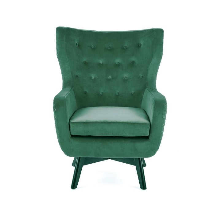 Fotel do salonu, klasyczny, tradycyjny, typu uszak, ciemnozielona tapicerka, nóżki czarne drewniane, oparcie pikowane