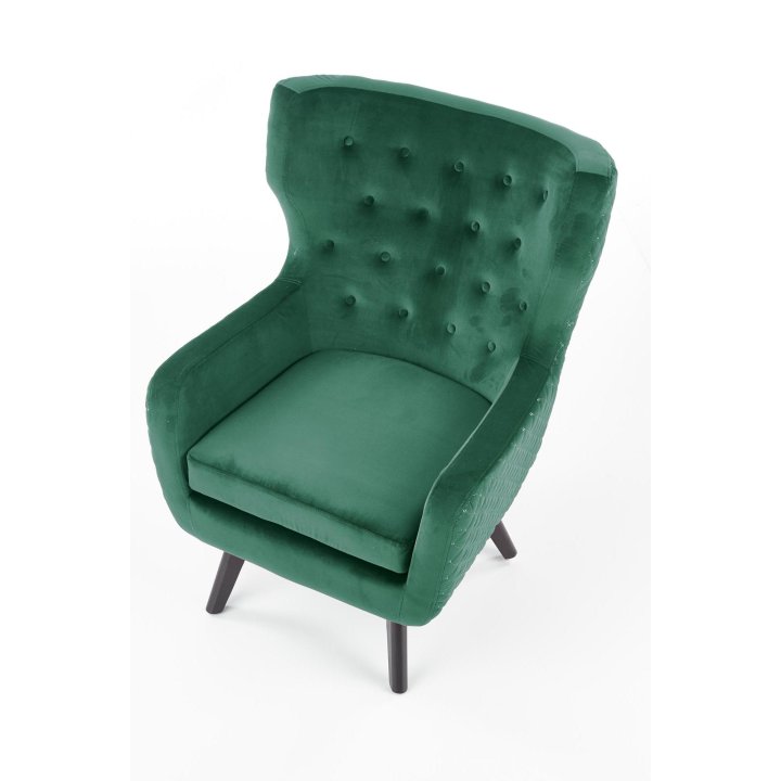 Fotel do salonu, klasyczny, tradycyjny, typu uszak, ciemnozielona tapicerka, nóżki czarne drewniane, oparcie pikowane