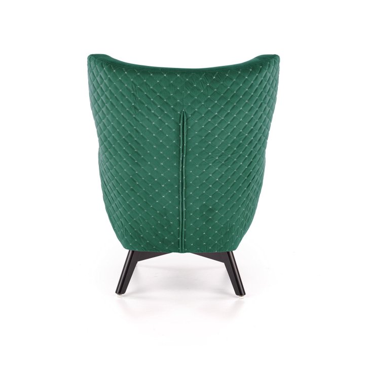 Fotel do salonu, klasyczny, tradycyjny, typu uszak, ciemnozielona tapicerka, nóżki czarne drewniane, oparcie pikowane