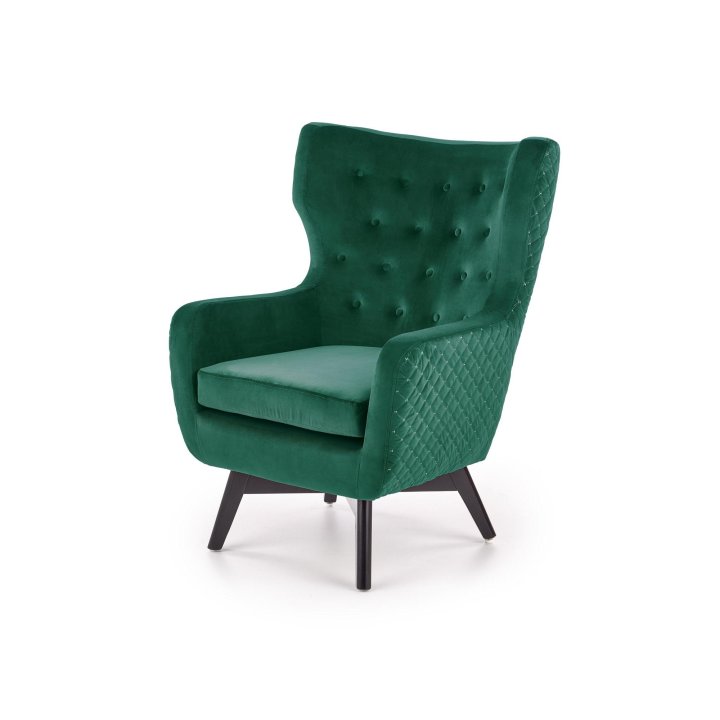 Fotel do salonu, klasyczny, tradycyjny, typu uszak, ciemnozielona tapicerka, nóżki czarne drewniane, oparcie pikowane