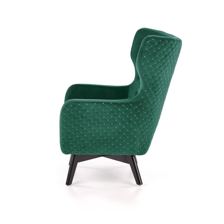 Fotel do salonu, klasyczny, tradycyjny, typu uszak, ciemnozielona tapicerka, nóżki czarne drewniane, oparcie pikowane