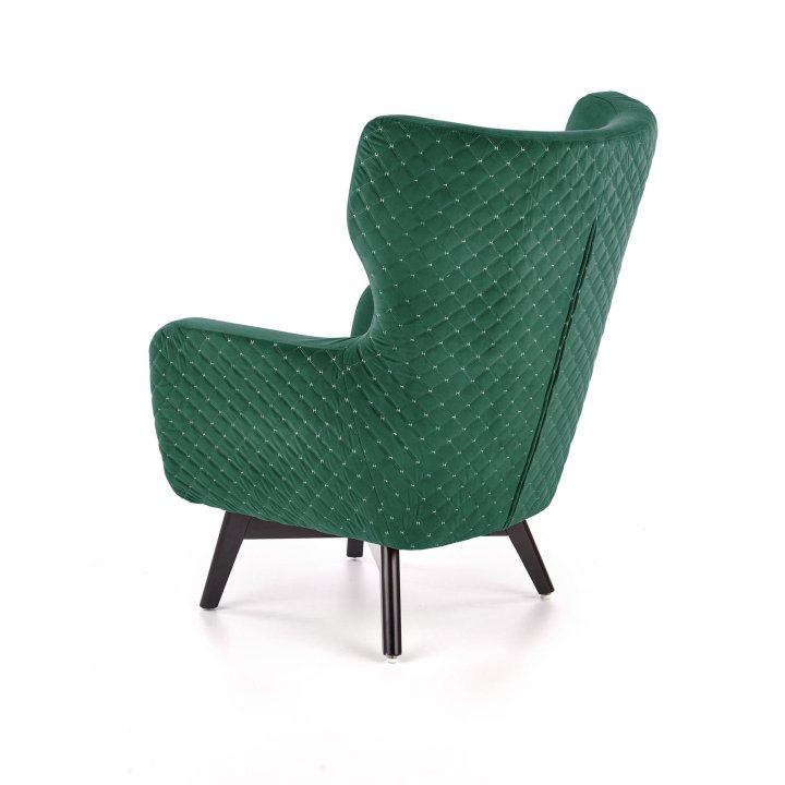 Fotel do salonu, klasyczny, tradycyjny, typu uszak, ciemnozielona tapicerka, nóżki czarne drewniane, oparcie pikowane