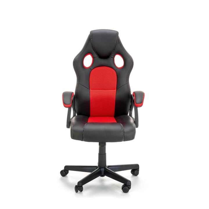 Fotel dla gracza, obrotowy, kolor czarny, czerwony, z podłokietnikami, tkanina membranowa, eko skóra