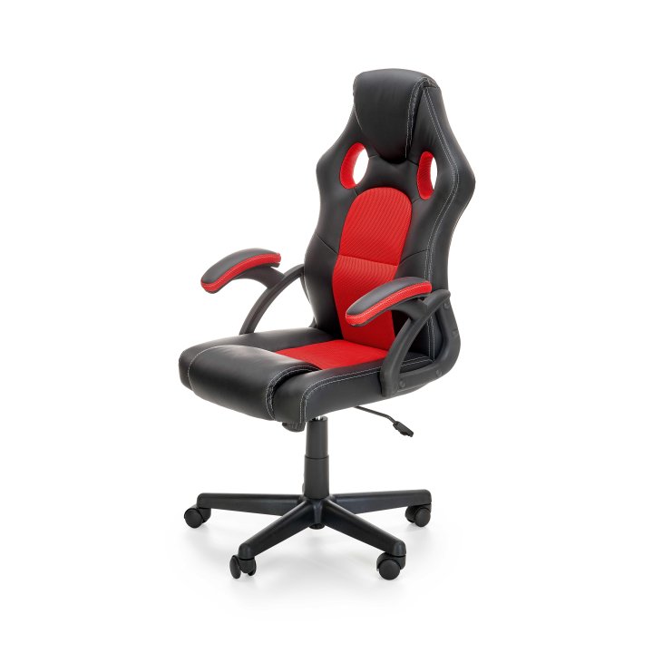 Fotel dla gracza, obrotowy, kolor czarny, czerwony, z podłokietnikami, tkanina membranowa, eko skóra