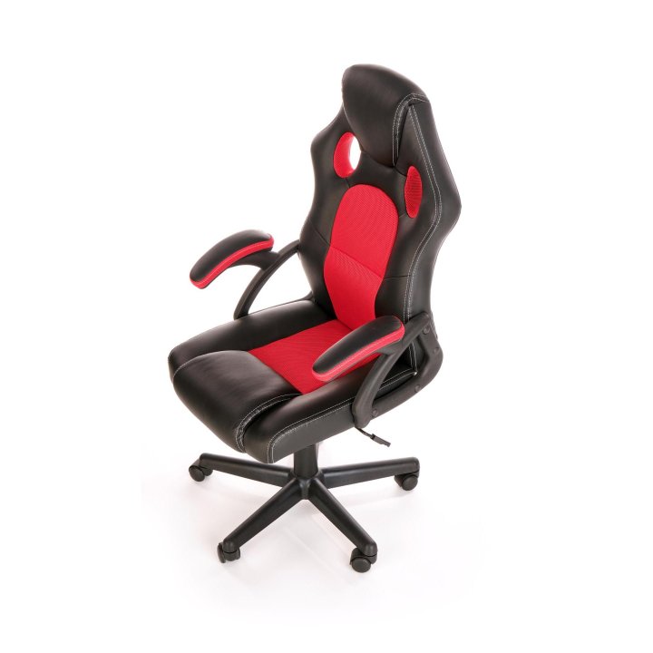 Fotel dla gracza, obrotowy, kolor czarny, czerwony, z podłokietnikami, tkanina membranowa, eko skóra