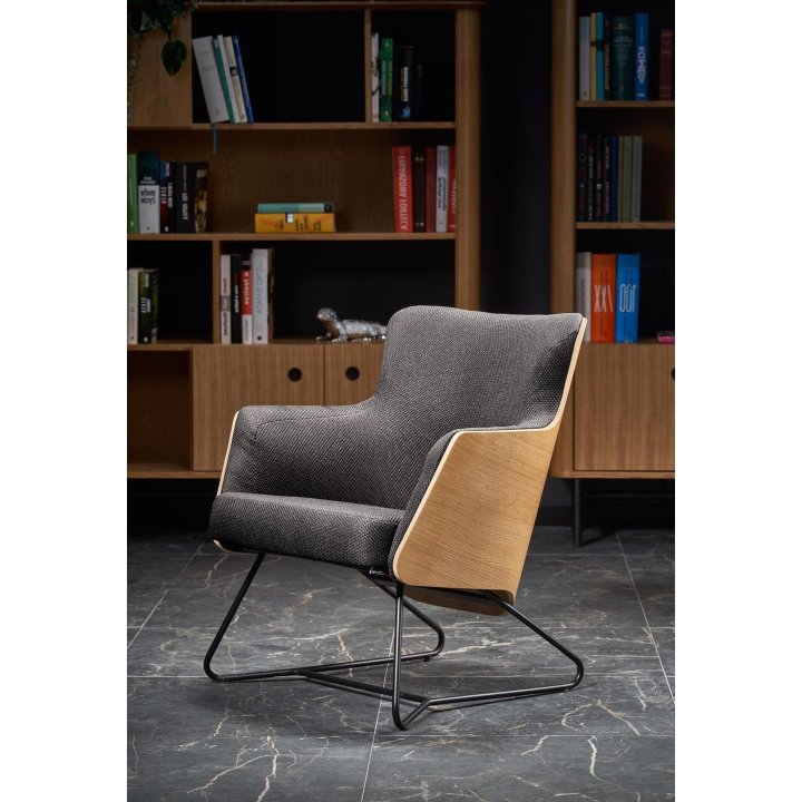 Fotel do salonu loft nowoczesny, kolor ciemnopopielaty i nóżki metal w kolorze czarnym