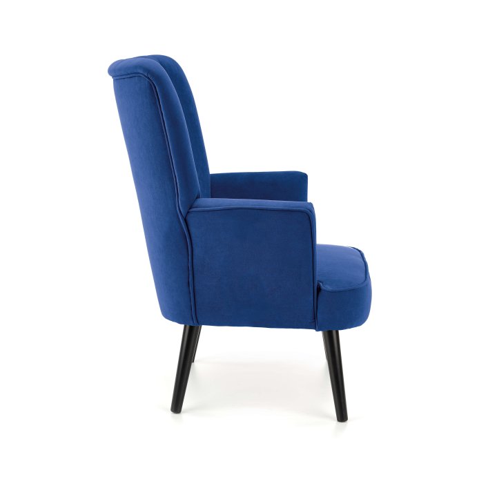 Fotel do salonu klasyczny, tkanina velvet, kolor granatowy i nóżki drewniane w kolorze czarnym