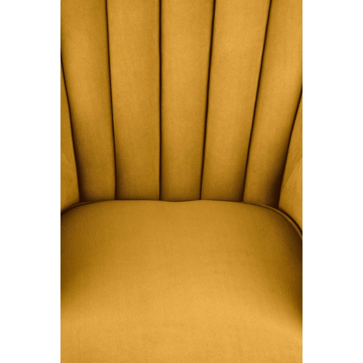 Fotel do salonu klasyczny, kolor musztardowy, tkanina velvet, nóżki drewniane czarne