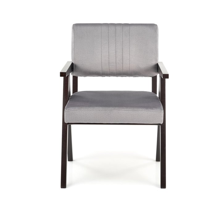 Szare krzesło do salonu z drewnianymi podłokietnikami - styl vintage