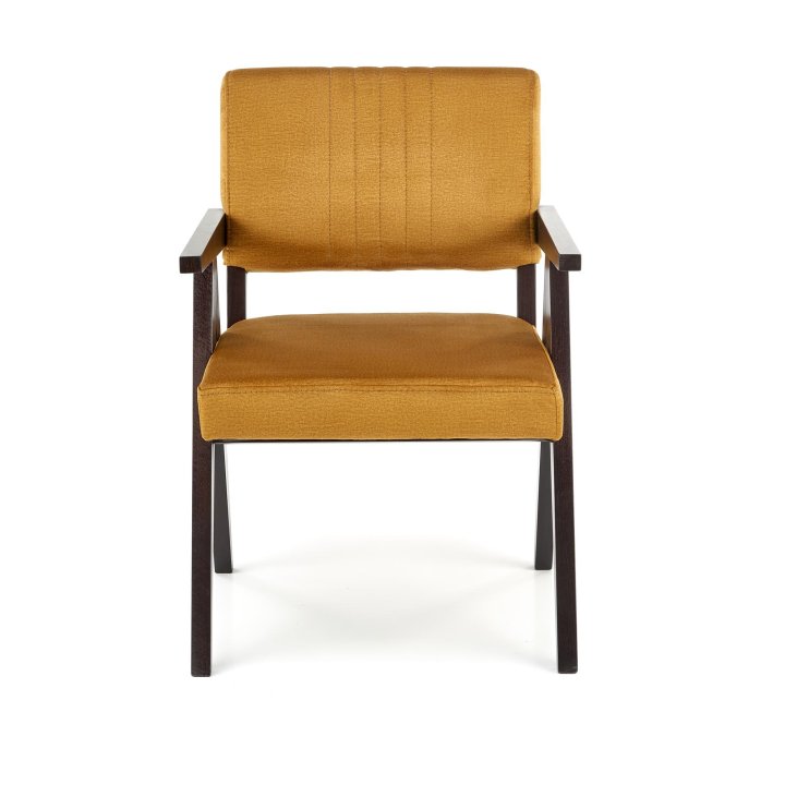 Krzesło do salonu w musztardowym kolorze - drewniana rama - styl retro