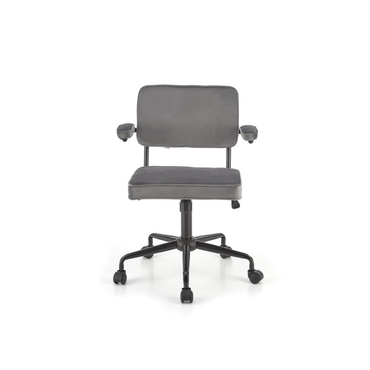 Minimalistyczny popielaty Fotel do biurka na czarnej obrotowej podstawie, tkanina velvet