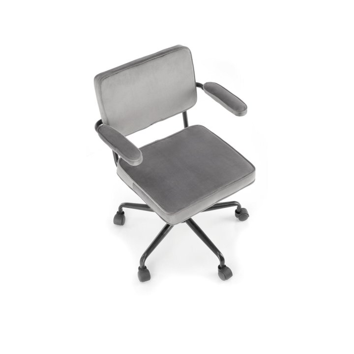 Minimalistyczny popielaty Fotel do biurka na czarnej obrotowej podstawie, tkanina velvet