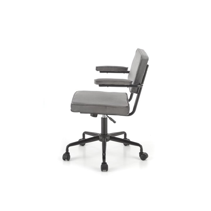 Minimalistyczny popielaty Fotel do biurka na czarnej obrotowej podstawie, tkanina velvet