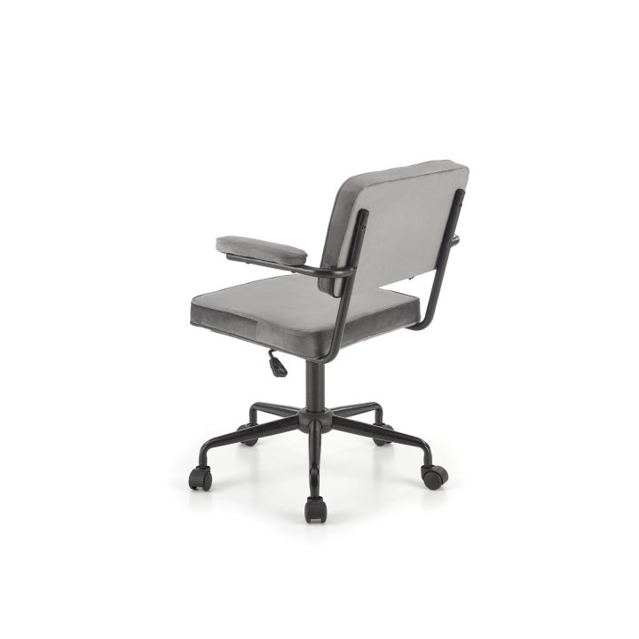 Minimalistyczny popielaty Fotel do biurka na czarnej obrotowej podstawie, tkanina velvet