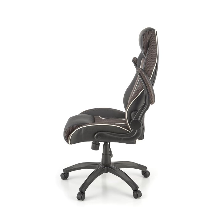 Fotel gabinetowy w kolorze czarnym i popielatym na obrotowej podstawie, regulowane podłokietniki, eko skóra