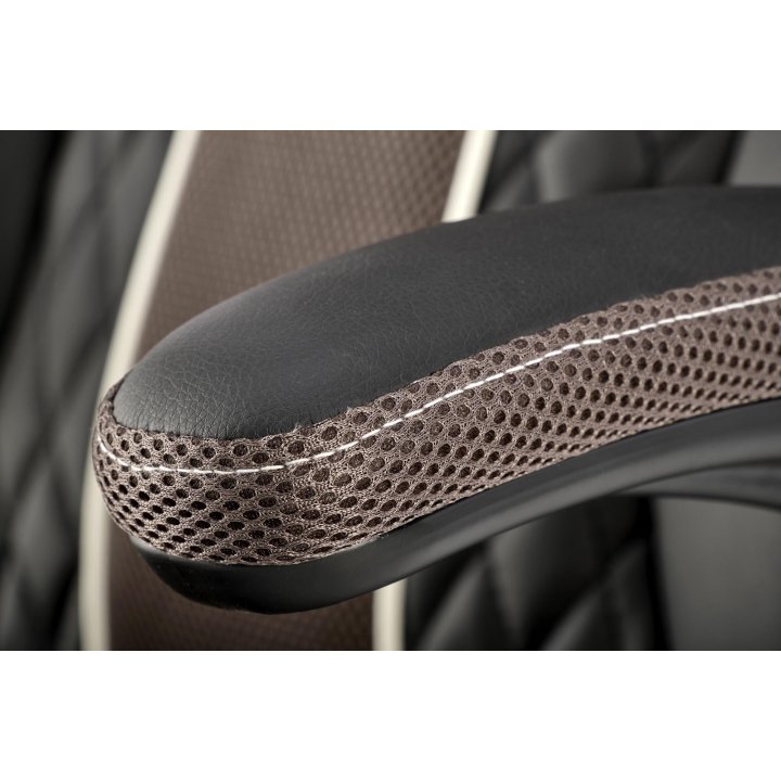 Fotel gabinetowy w kolorze czarnym i popielatym na obrotowej podstawie, regulowane podłokietniki, eko skóra