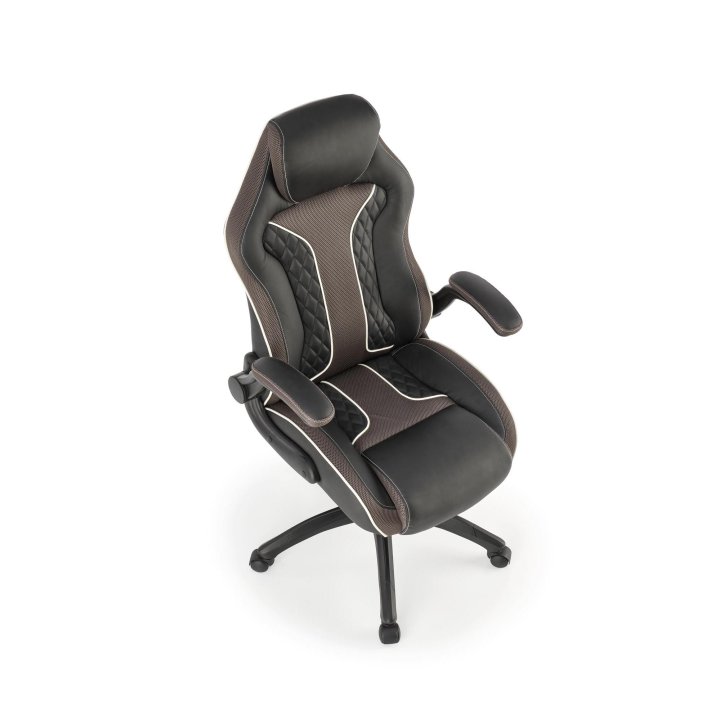 Fotel gabinetowy w kolorze czarnym i popielatym na obrotowej podstawie, regulowane podłokietniki, eko skóra