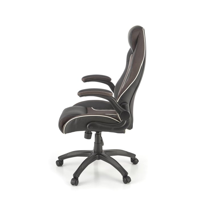 Fotel gabinetowy w kolorze czarnym i popielatym na obrotowej podstawie, regulowane podłokietniki, eko skóra