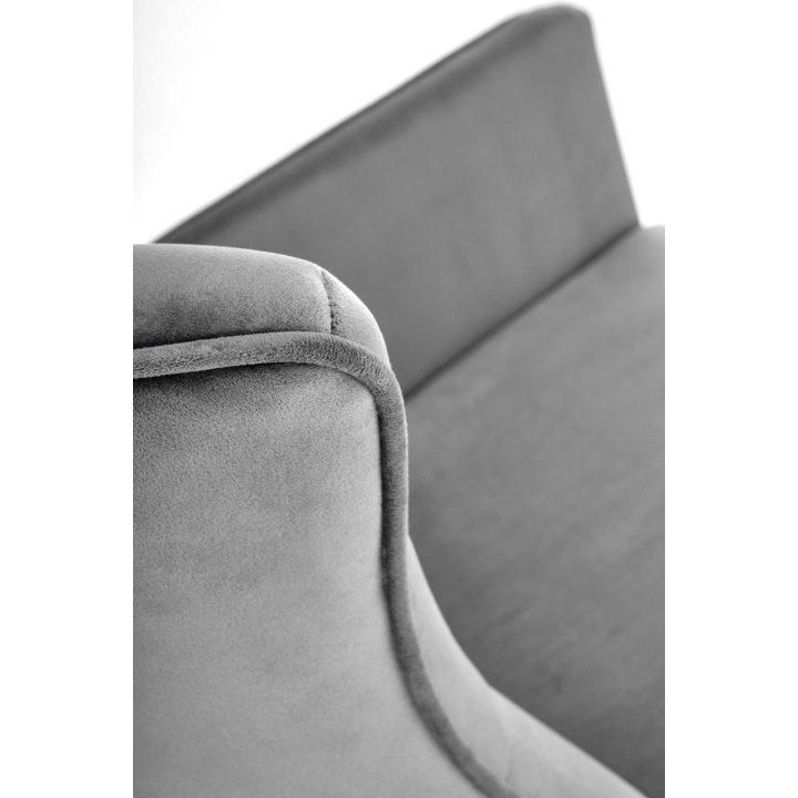 Fotel do salonu, bujany, nowoczesny, popiel, na czarnych drewnianych płozach, tkanina velvet