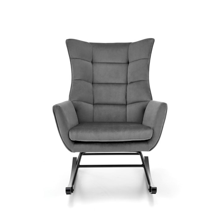 Fotel do salonu, bujany, nowoczesny, popiel, na czarnych drewnianych płozach, tkanina velvet