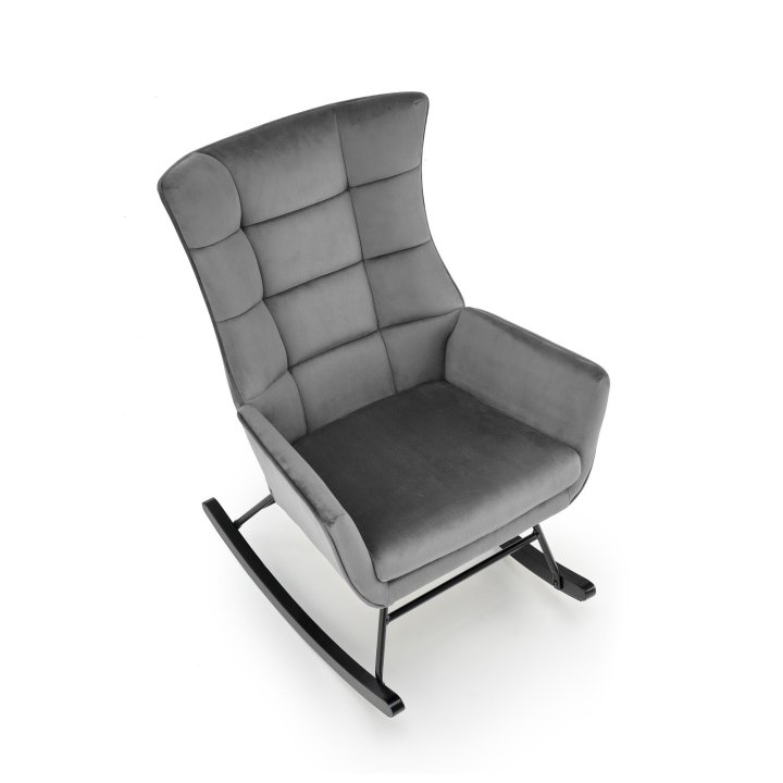 Fotel do salonu, bujany, nowoczesny, popiel, na czarnych drewnianych płozach, tkanina velvet
