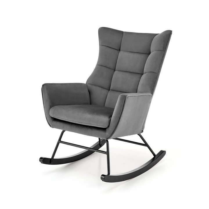 Fotel do salonu, bujany, nowoczesny, popiel, na czarnych drewnianych płozach, tkanina velvet