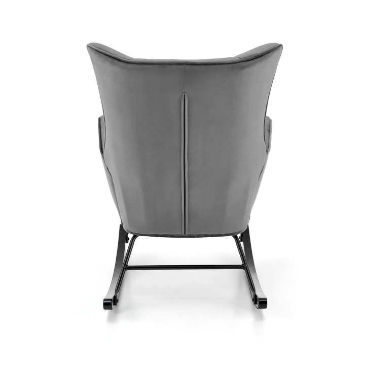 Fotel do salonu, bujany, nowoczesny, popiel, na czarnych drewnianych płozach, tkanina velvet