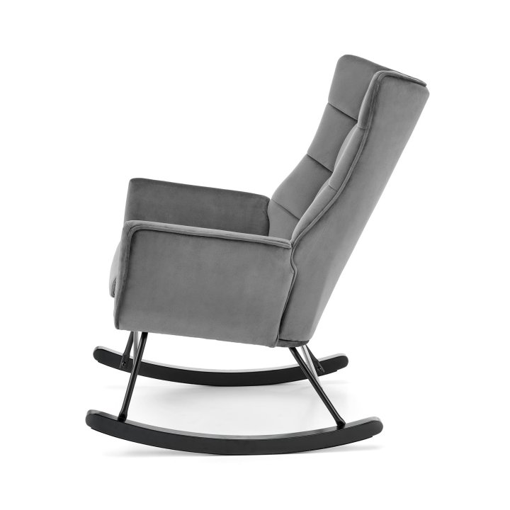 Fotel do salonu, bujany, nowoczesny, popiel, na czarnych drewnianych płozach, tkanina velvet