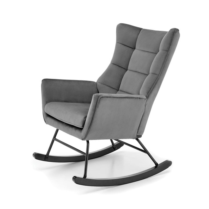 Fotel do salonu, bujany, nowoczesny, popiel, na czarnych drewnianych płozach, tkanina velvet