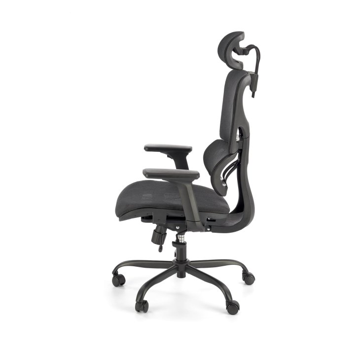 Nowoczesny Fotel do biurka z zagłówkiem i czarną obrotową podstawą, oparcie siatka