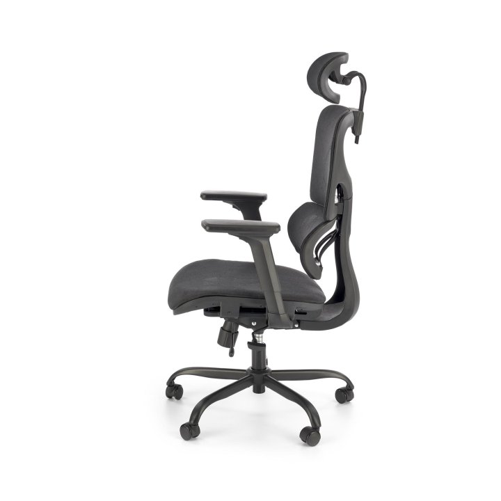 Nowoczesny Fotel do biurka z zagłówkiem i czarną obrotową podstawą, oparcie siatka