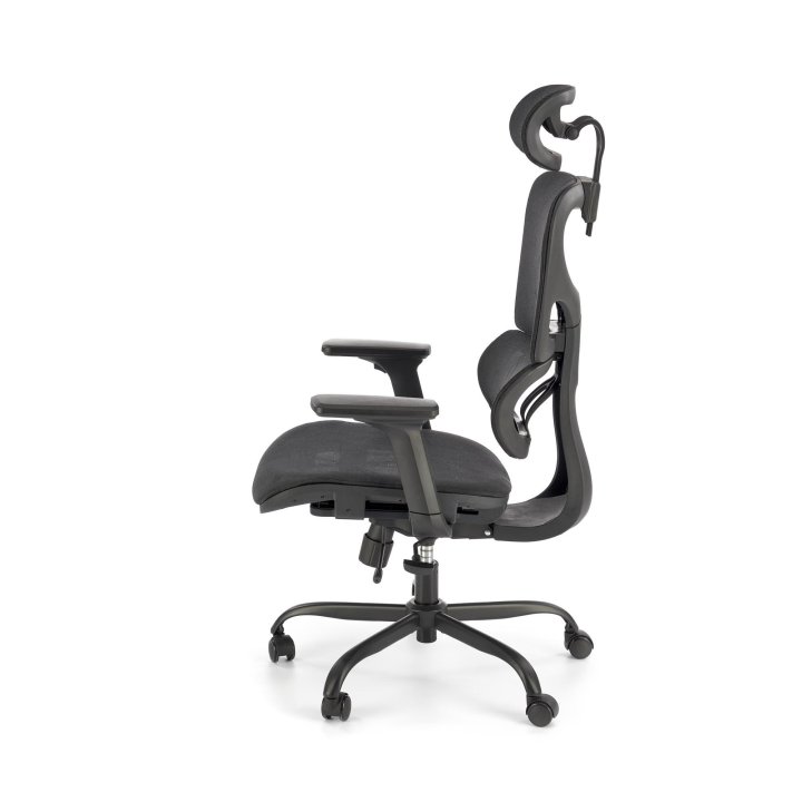 Nowoczesny Fotel do biurka z zagłówkiem i czarną obrotową podstawą, oparcie siatka