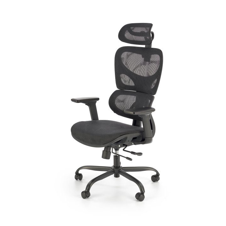 Nowoczesny Fotel do biurka z zagłówkiem i czarną obrotową podstawą, oparcie siatka