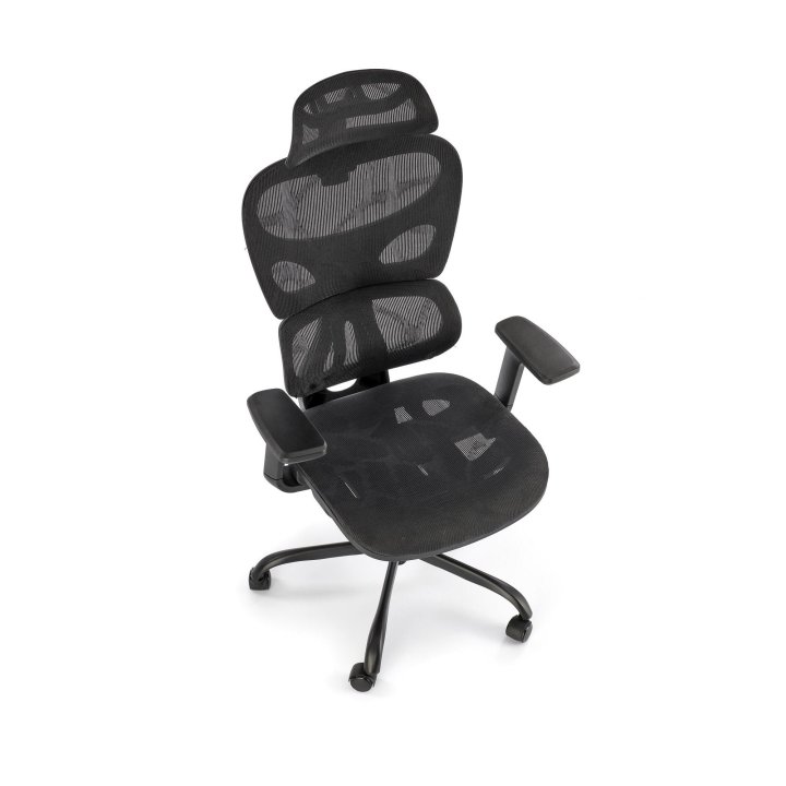 Nowoczesny Fotel do biurka z zagłówkiem i czarną obrotową podstawą, oparcie siatka