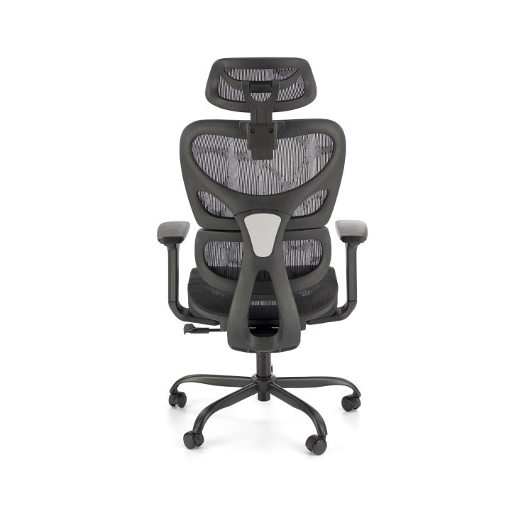 Nowoczesny Fotel do biurka z zagłówkiem i czarną obrotową podstawą, oparcie siatka