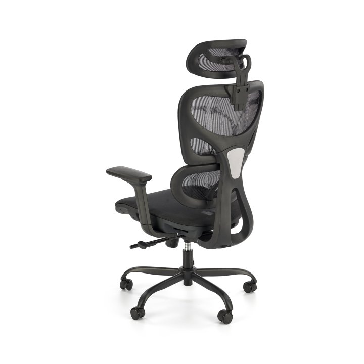 Nowoczesny Fotel do biurka z zagłówkiem i czarną obrotową podstawą, oparcie siatka