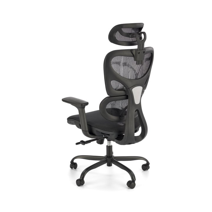 Nowoczesny Fotel do biurka z zagłówkiem i czarną obrotową podstawą, oparcie siatka