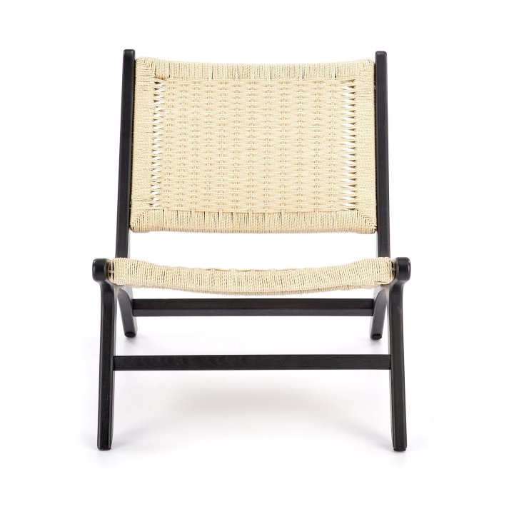 Fotel do salonu w kolorze naturalnym i z czarnym stelażem, w stylu boho, sznurek