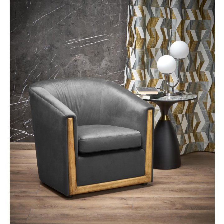 Klasyczny Fotel do salonu w tkaninie velvet, w kolorze popielatym, sklejka gięta