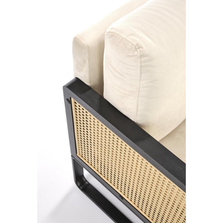 Fotel do salonu, nowoczesny, boho, kolor naturalny z czarnym stelażem, tkanina velvet, rattan syntetyczny