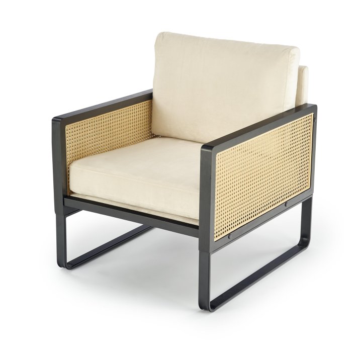 Fotel do salonu, nowoczesny, boho, kolor naturalny z czarnym stelażem, tkanina velvet, rattan syntetyczny