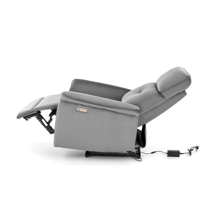 Fotel do salonu z funkcją elektrycznego rozkładania, gniazdo USB, kolor popielaty, tkanina velvet