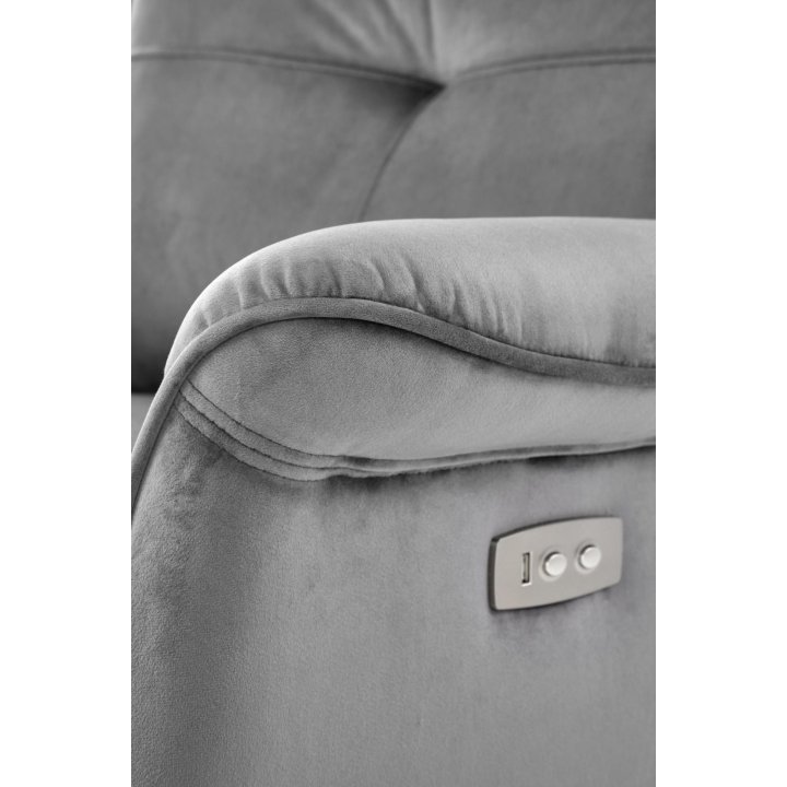Fotel do salonu z funkcją elektrycznego rozkładania, gniazdo USB, kolor popielaty, tkanina velvet